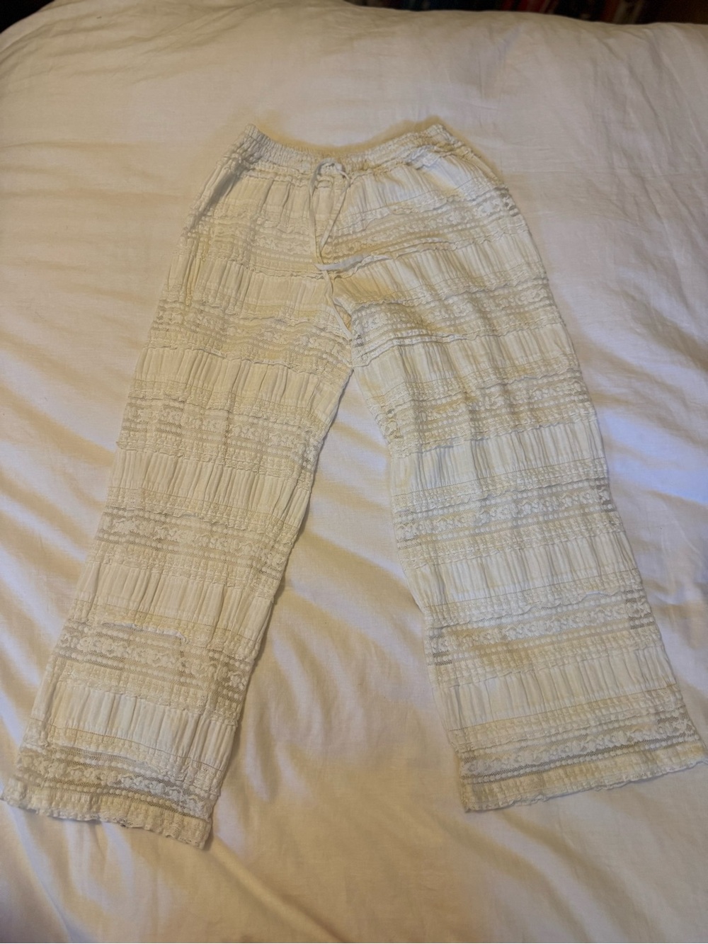 Free People Cream Lace-Trim Gauzy Wide Leg Pants